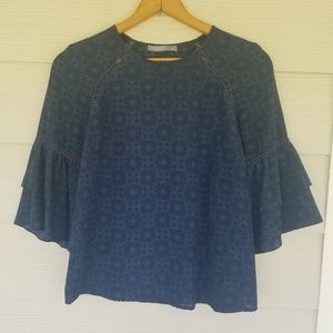 Womens Peasant Bohemian Blouse With Bell Sleeves Sz Medium Navy Geometric Flowy